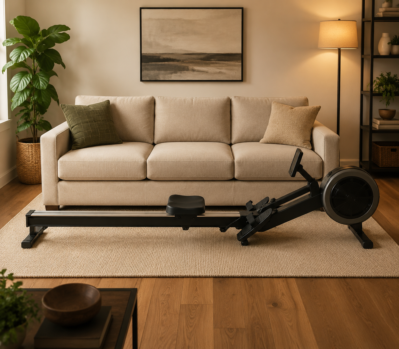 Rowing machine at full slide extension beside a three-seat sofa to compare floor length