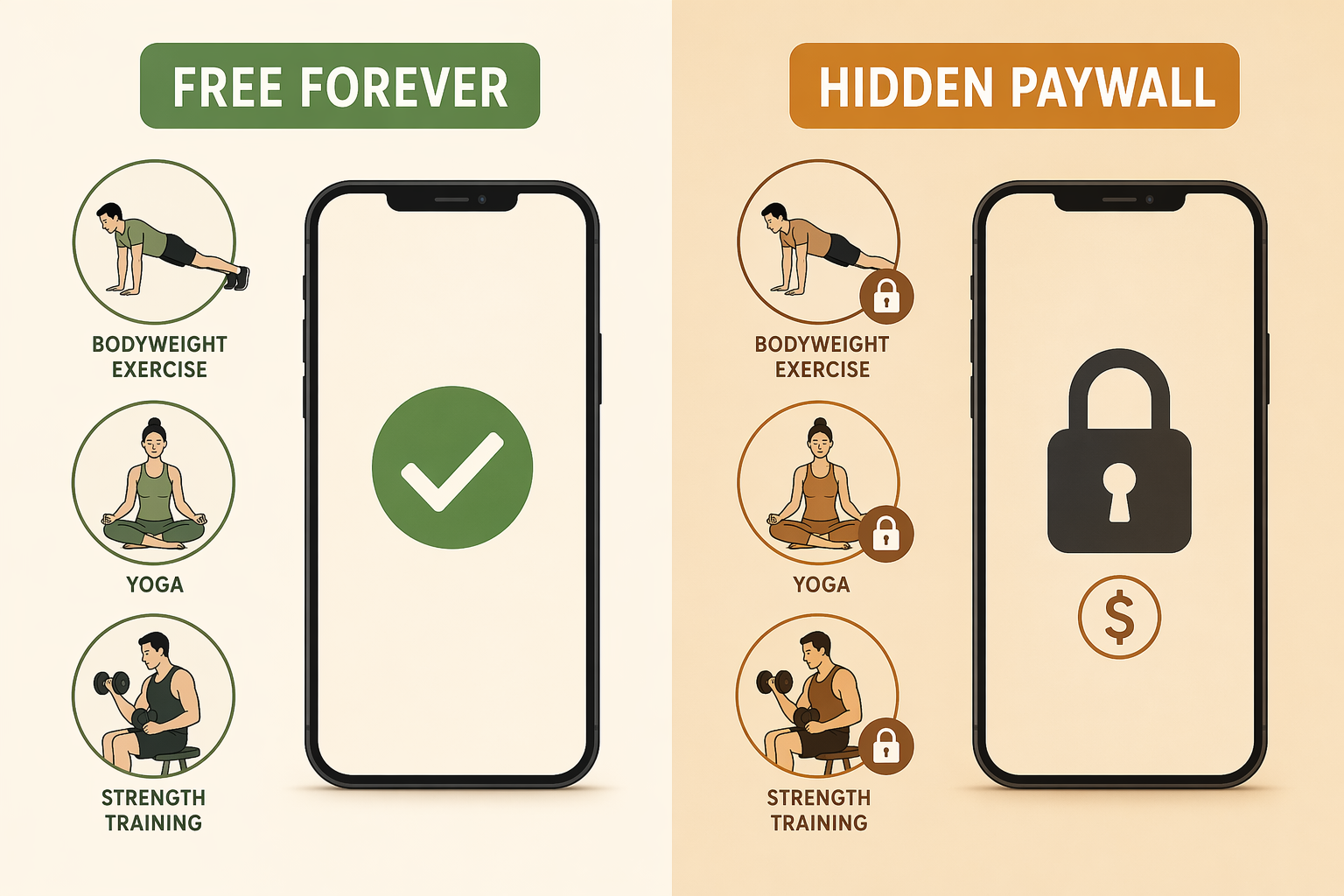 Editorial infographic split vertically into two halves. Left half has a green 'FREE FOREVER' badge with a smartphone icon displaying a checkmark, surrounded by small exercise icons on a warm cream background. Right half has an amber 'HIDDEN PAYWALL' badge with a smartphone icon overlaid by a padlock and dollar sign, with locked app icons on a darker warm background.