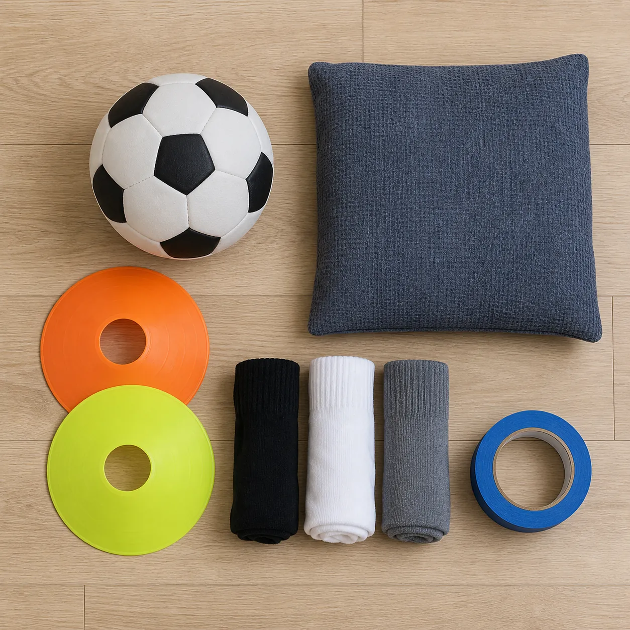 Flat-lay of low-cost indoor soccer substitutions including a lower-bounce ball, flat markers, rolled socks, painter's tape, and a cushion
