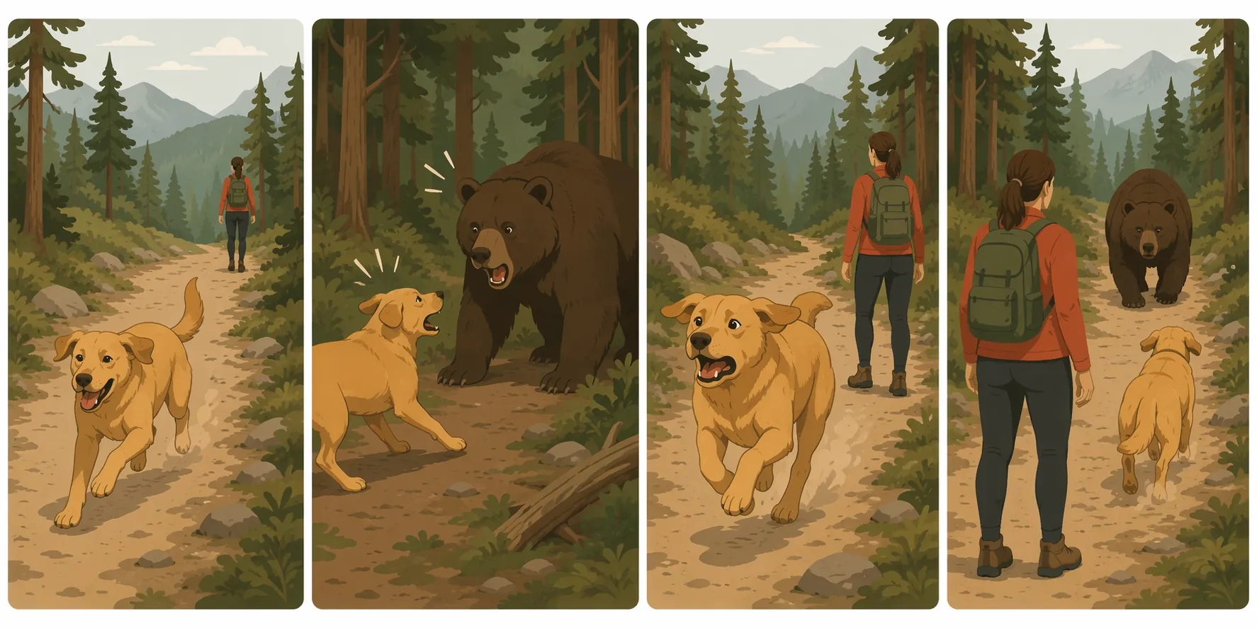 Illustrated sequence of an off-leash dog running ahead, startling a bear, returning to the owner, and bringing the bear back toward the hiker
