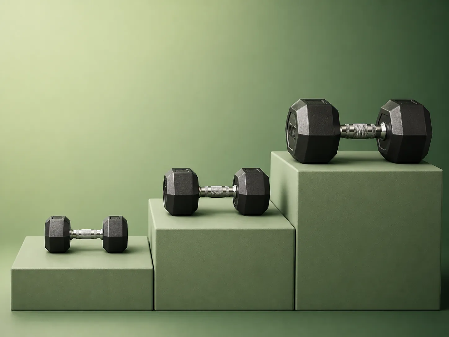 Illustration of three platforms with progressively larger dumbbells representing rising training intensity