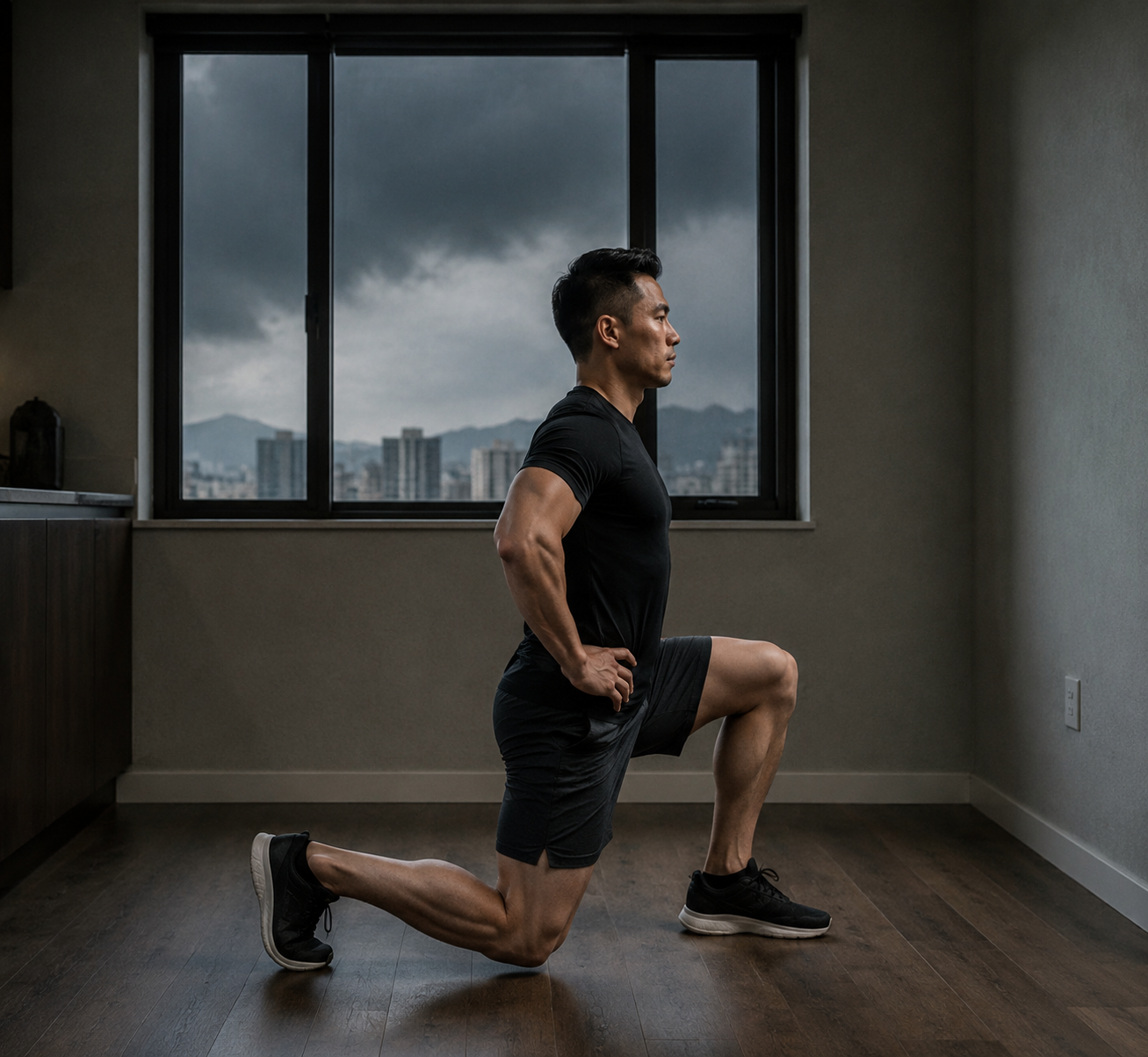 Person performing a quiet controlled step-back lunge in a small apartment