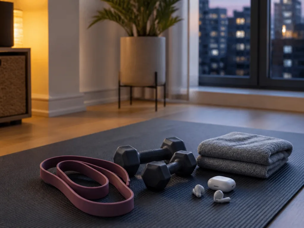 Quiet apartment workout setup with a thick mat, resistance band, small dumbbells, towel, and earbuds