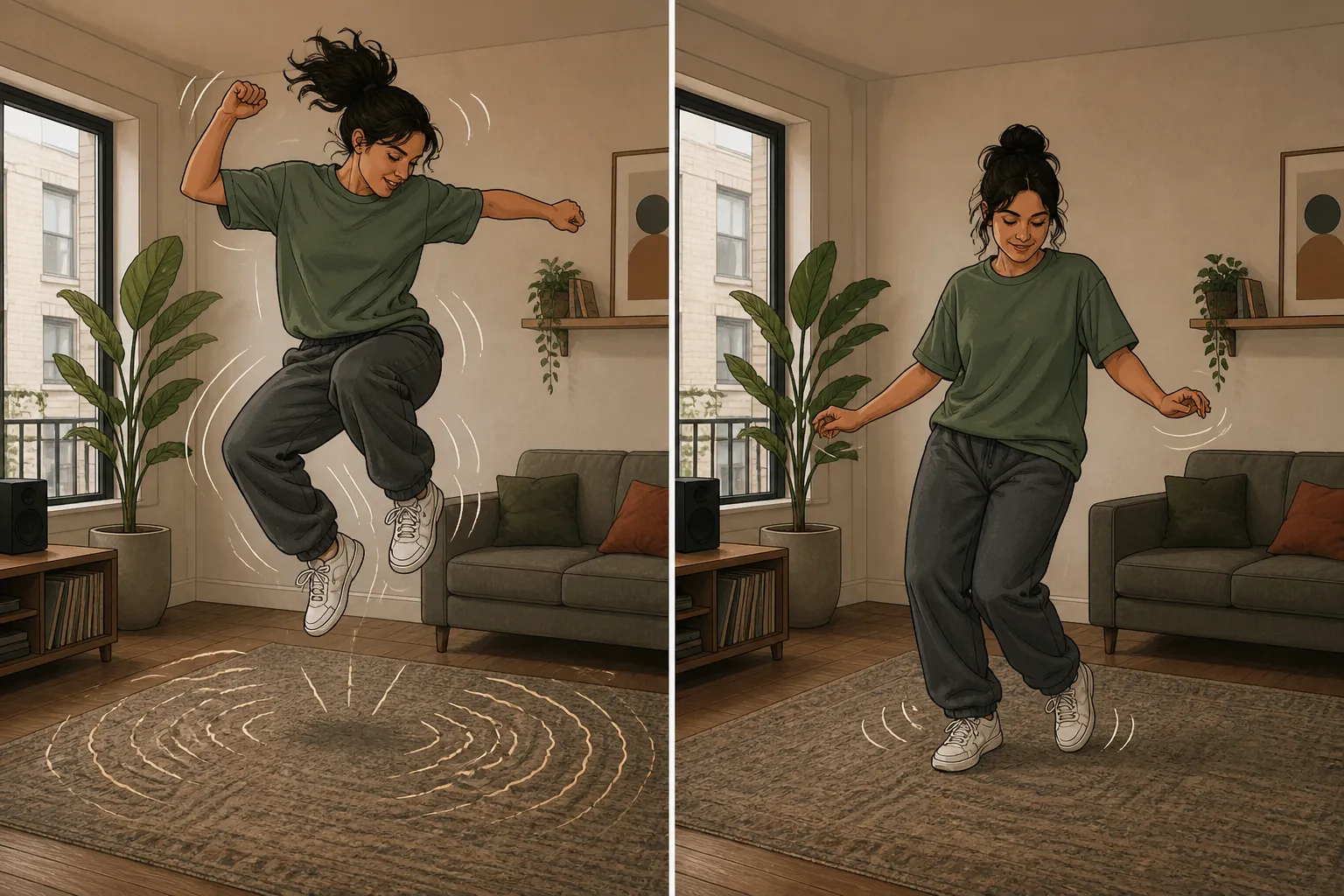 Comparison of a jumping dance move and a low-impact step-touch in an apartment