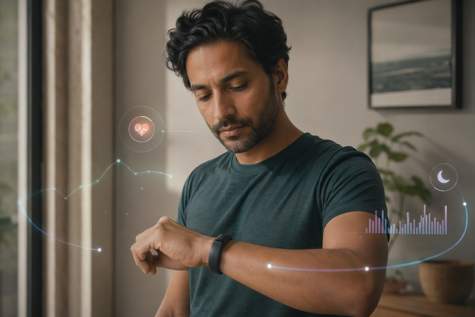 Person wearing a minimalist wristband fitness tracker at home with heart rate and sleep icons suggesting a feedback loop