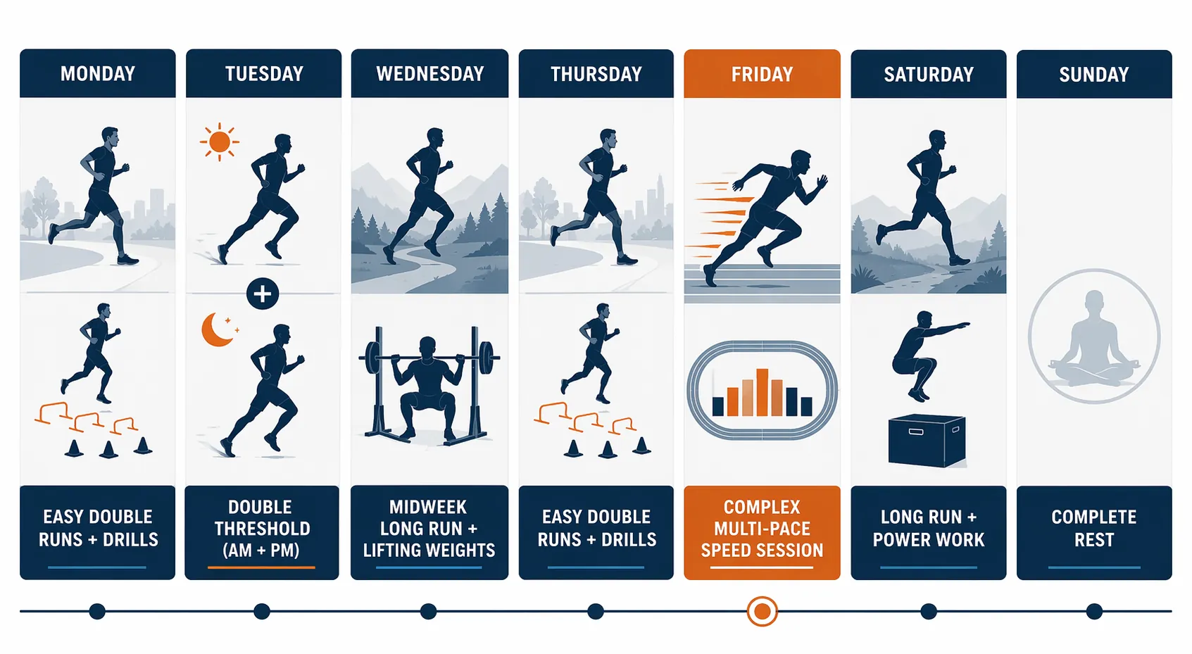 Weekly training schedule infographic for Nikki Hiltz showing easy doubles, double threshold, lifting, complex speed work, long run, and Sunday rest