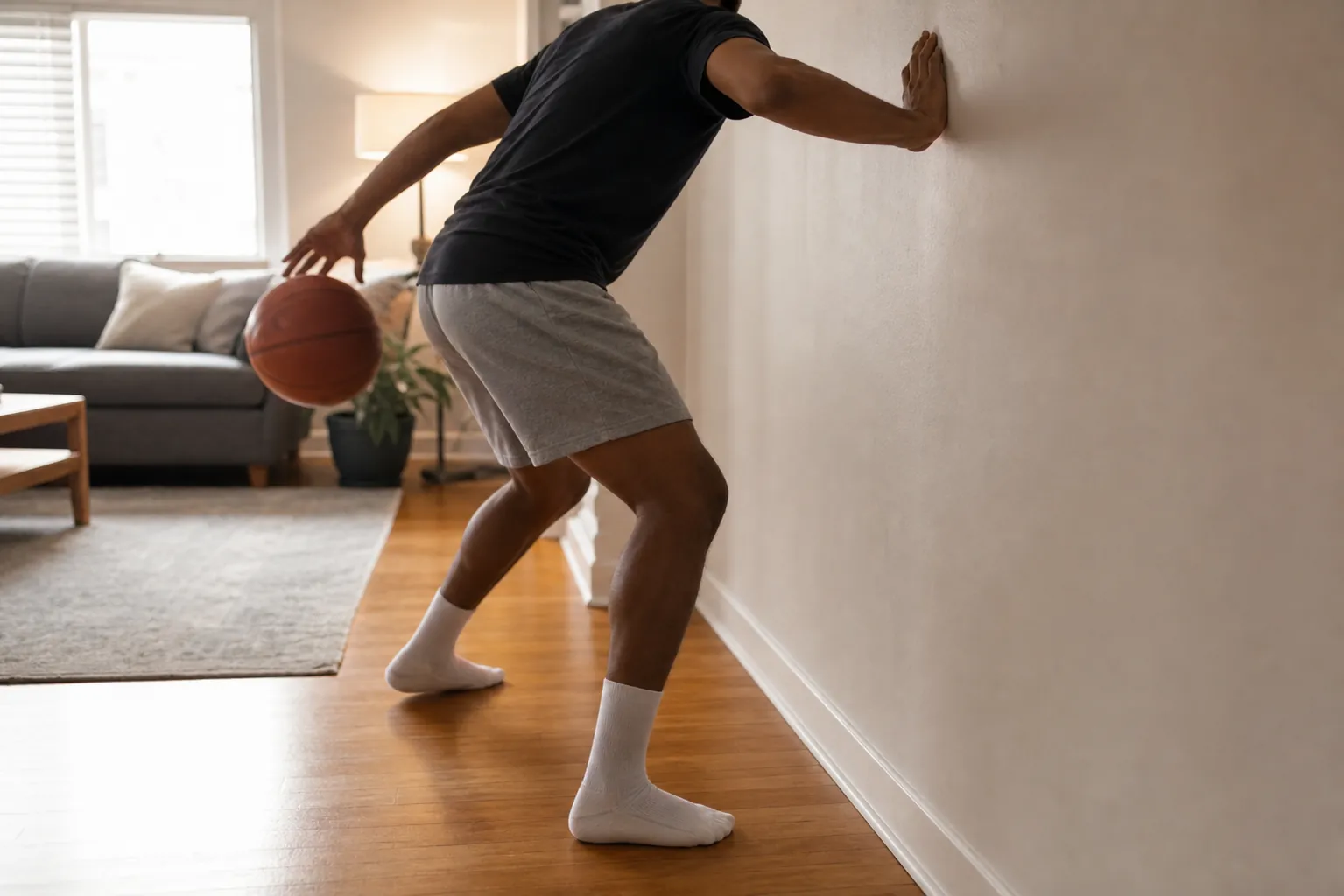 Person in a small apartment dribbling low while tapping a wall and switching the ball behind the back