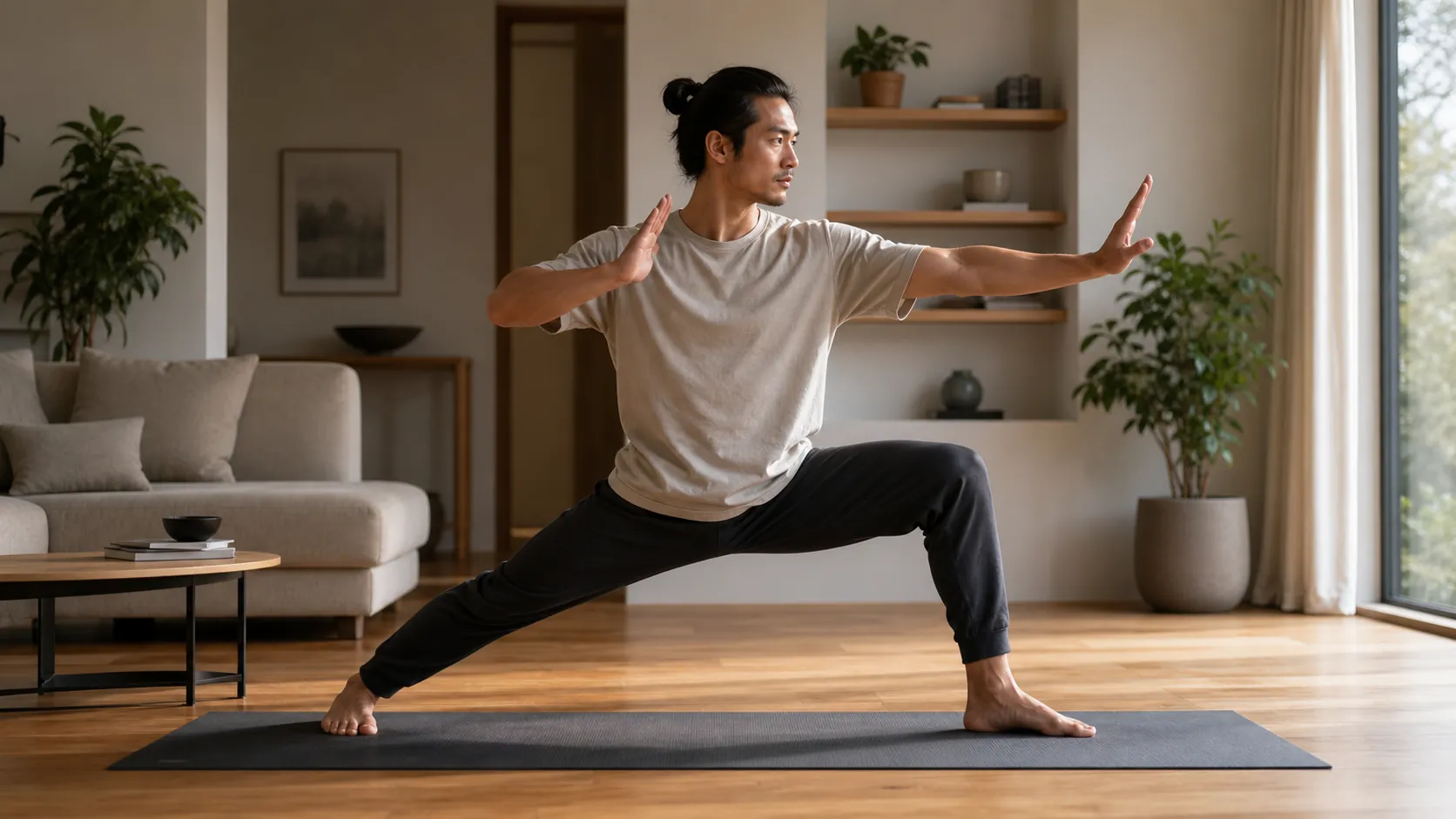 Person on a yoga mat in a living room holding a deep lunge with arms raised in a fighter guard position