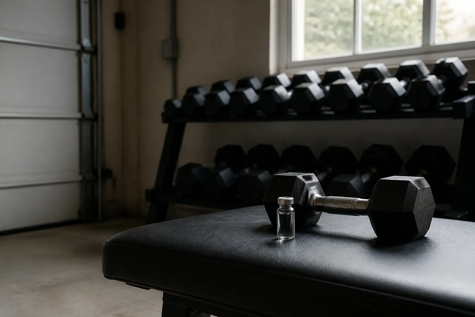 A small unlabeled vial on a home gym bench beside a dumbbell