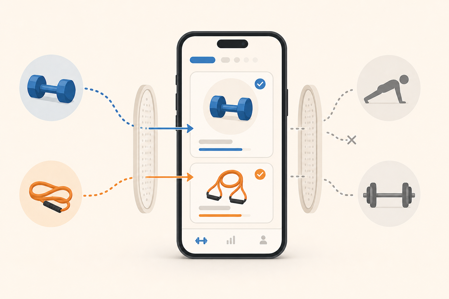 A flat vector illustration of a smartphone at center with equipment icons (dumbbell, resistance band, bodyweight figure, barbell) approaching from different directions. Only the equipment matching a home gym setup passes through a filter and appears highlighted on the phone screen.