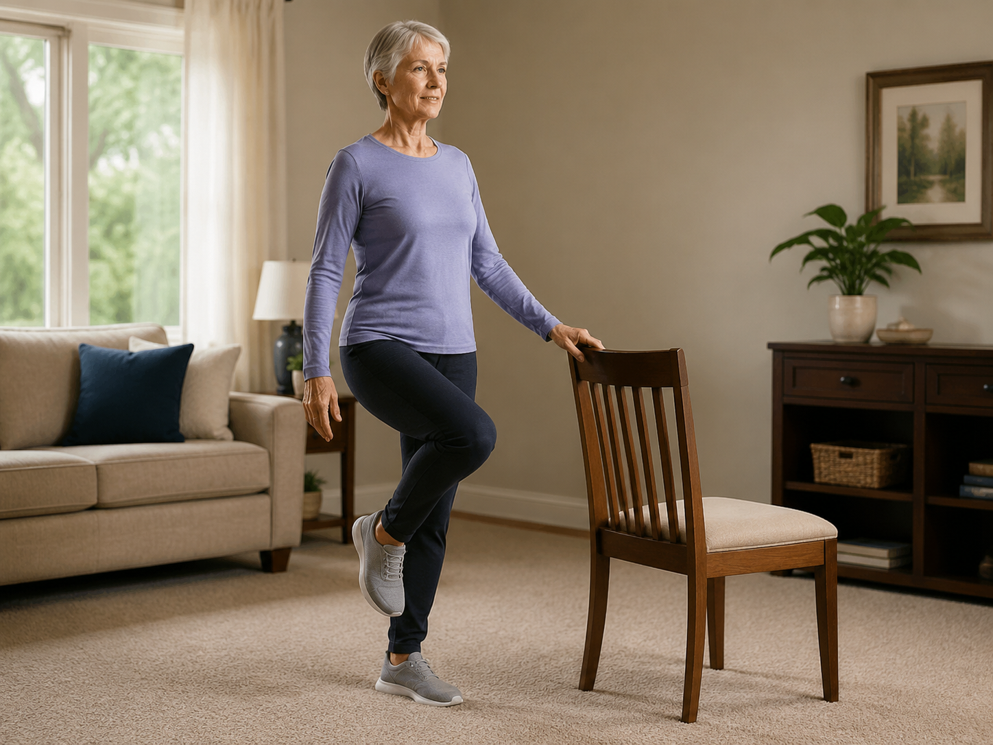 Older adult practicing a single-leg balance exercise beside a sturdy chair at home
