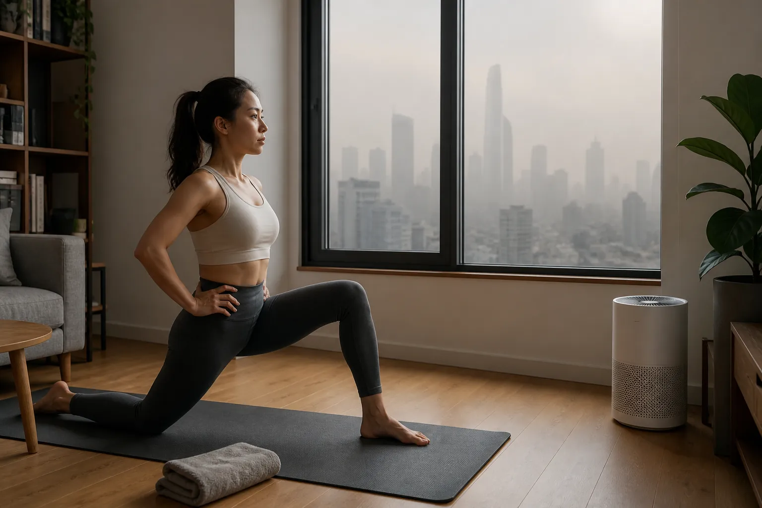 Person doing a controlled low lunge on a mat in a compact apartment while smoky daylight shows through a closed window and an air purifier runs nearby