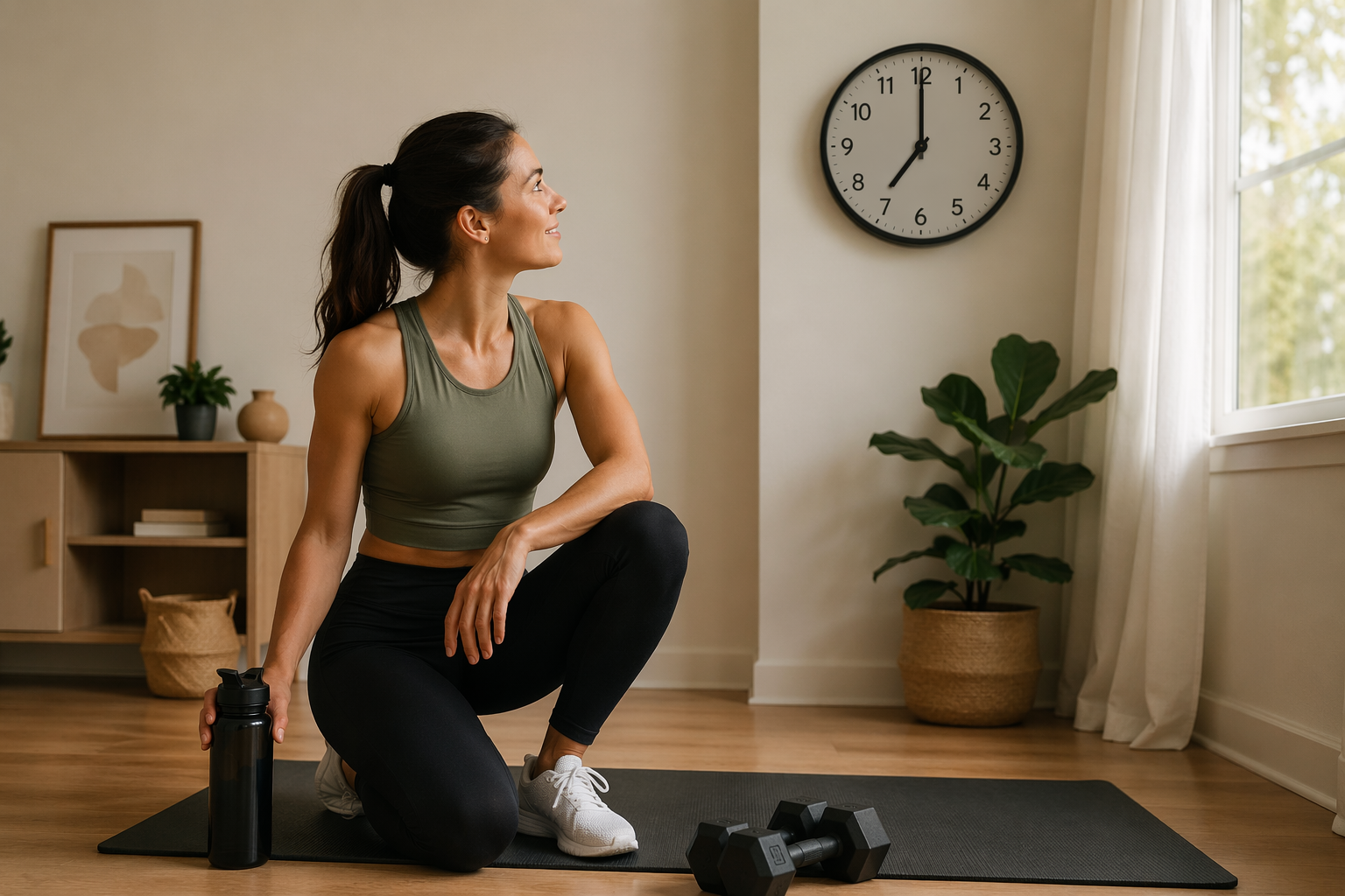 Person standing on a yoga mat after a timed 7-minute home workout