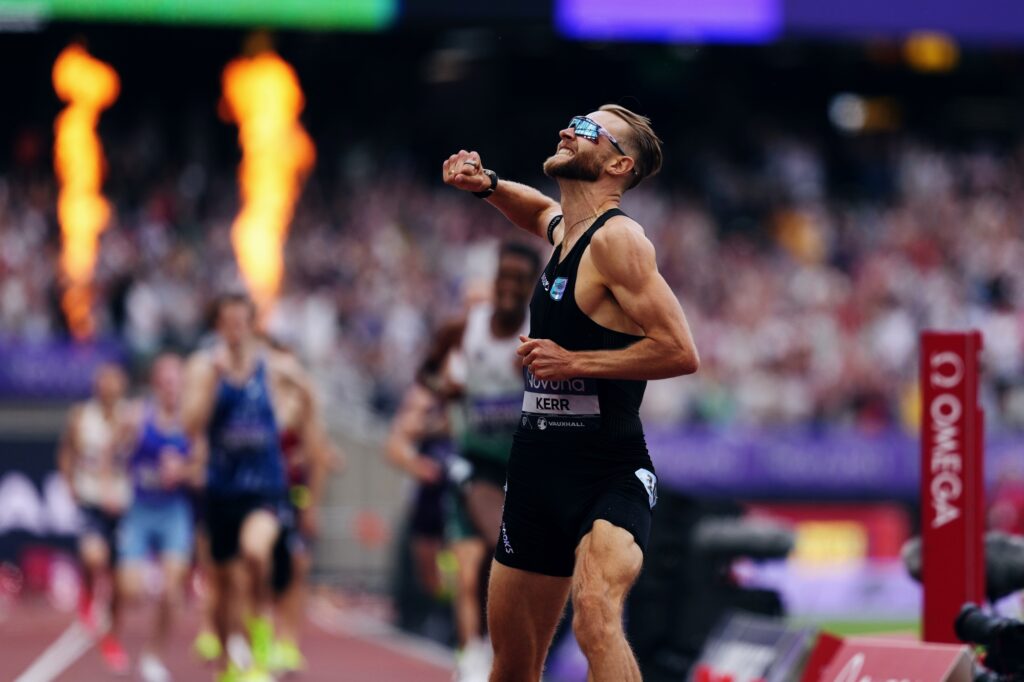 Josh Kerr sprinting on the London Stadium track during his world-record mile at the 2026 London Diamond League