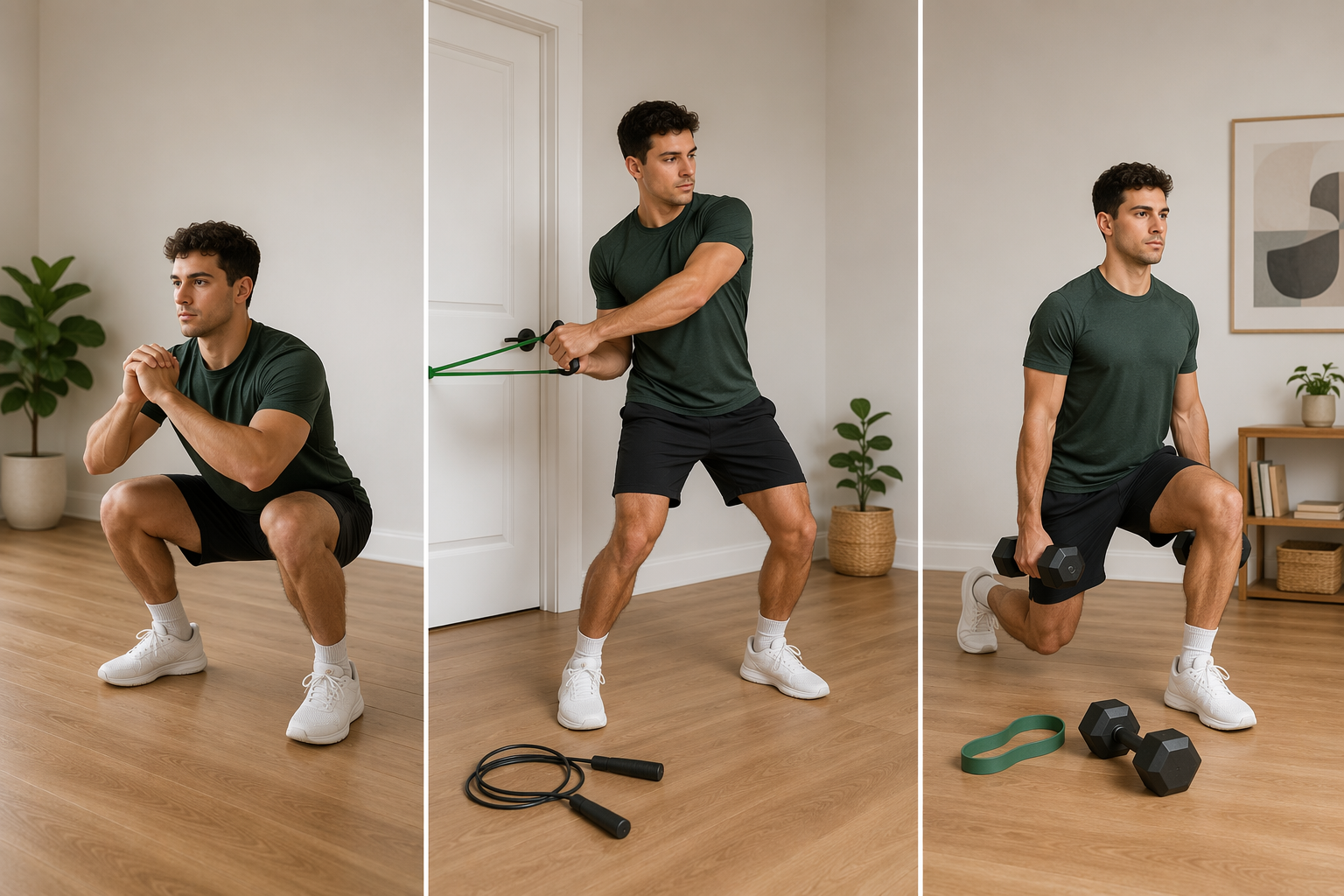 Three equipment tiers for tennis home training: bodyweight, resistance band with jump rope, and dumbbells with a band