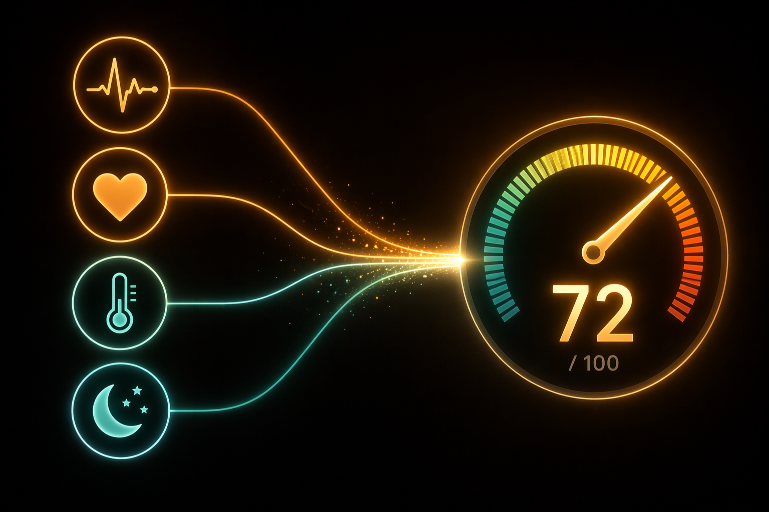 A dark-background data-visualization illustration showing four icons on the left — a heartbeat wave (HRV), a heart icon (resting heart rate), a thermometer (body temperature), and a moon with stars (sleep quality) — connected by flowing amber and teal lines converging into a circular gauge meter on the right labeled with a 0-100 readiness score.