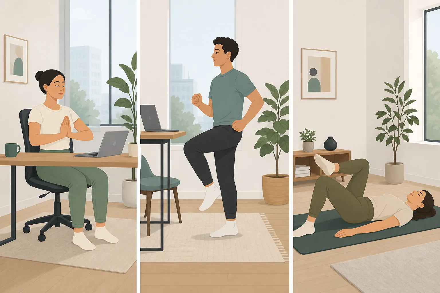 Three quiet workday movement-break options: seated, standing, and floor-based