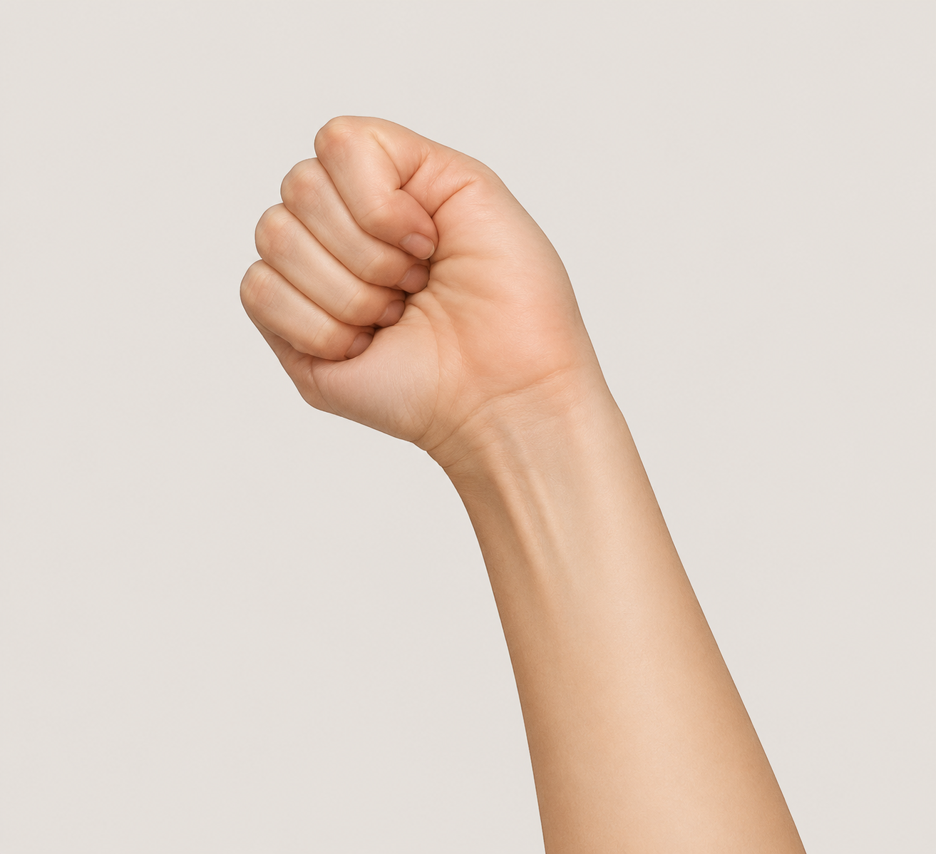 Hand performing the Finkelstein self-test with thumb tucked in fist and wrist bent toward pinky side