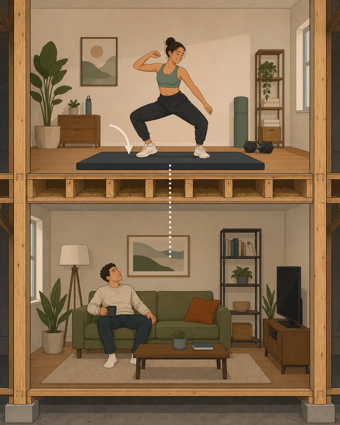 Cross-section illustration of a dancer on a mat above a downstairs neighbor in a wood-frame apartment building