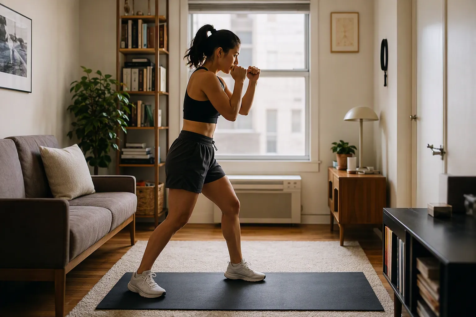 Person standing in boxing guard on a yoga mat in a small apartment living room