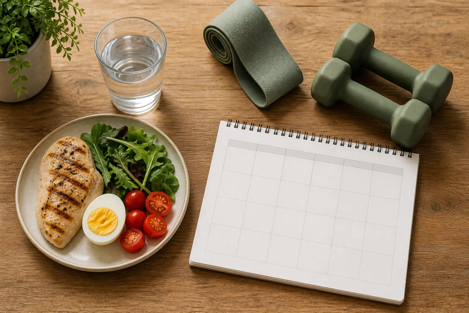 Protein-forward plate, water, resistance band, dumbbells, and a blank weekly planner on a wooden table