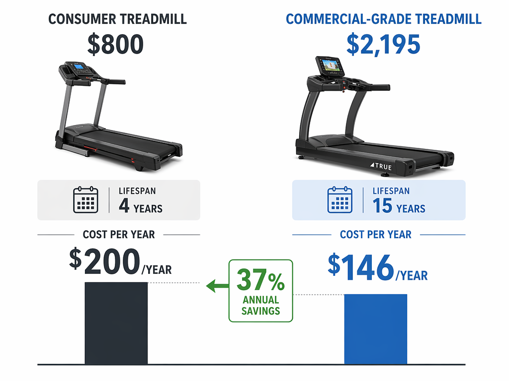Clean editorial cost comparison showing a consumer treadmill at $800 with a 4-year lifespan and $200/year cost on the left, and a commercial treadmill at $2,195 with a 15-year lifespan and $146/year cost on the right, with a '37% annual savings' callout arrow.