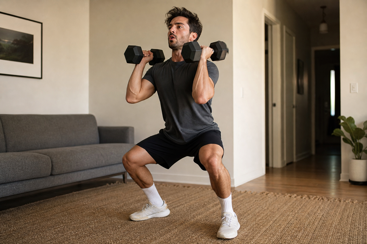Person doing an explosive dumbbell power clean in a small living room