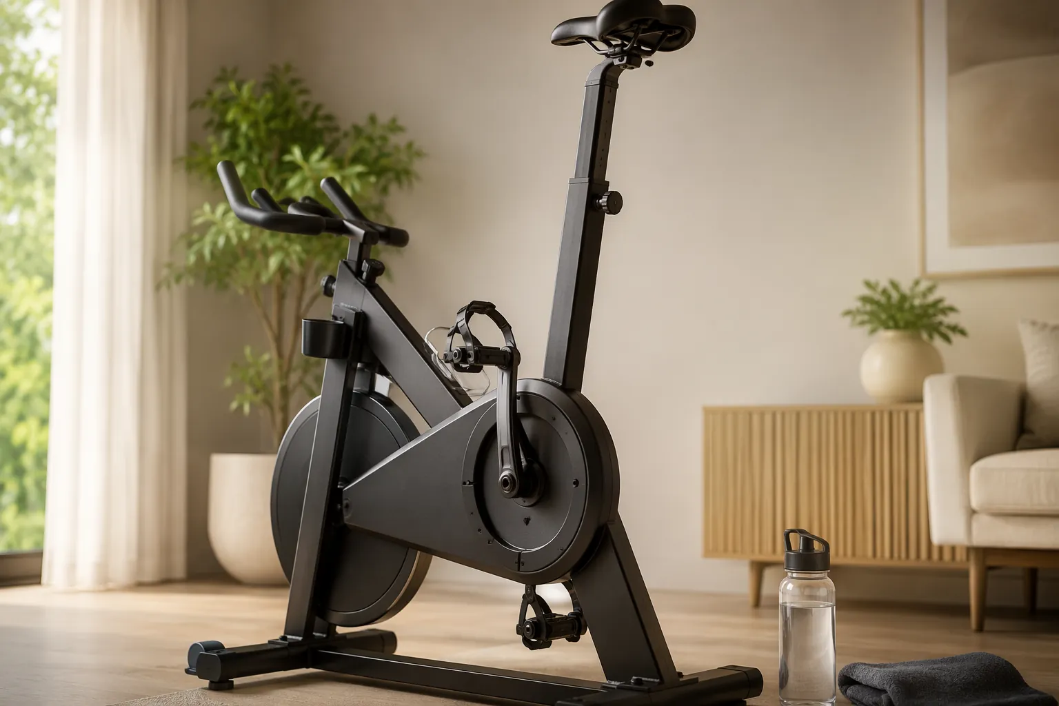 Stationary bike in a living room with the seat set high for early knee range-of-motion work