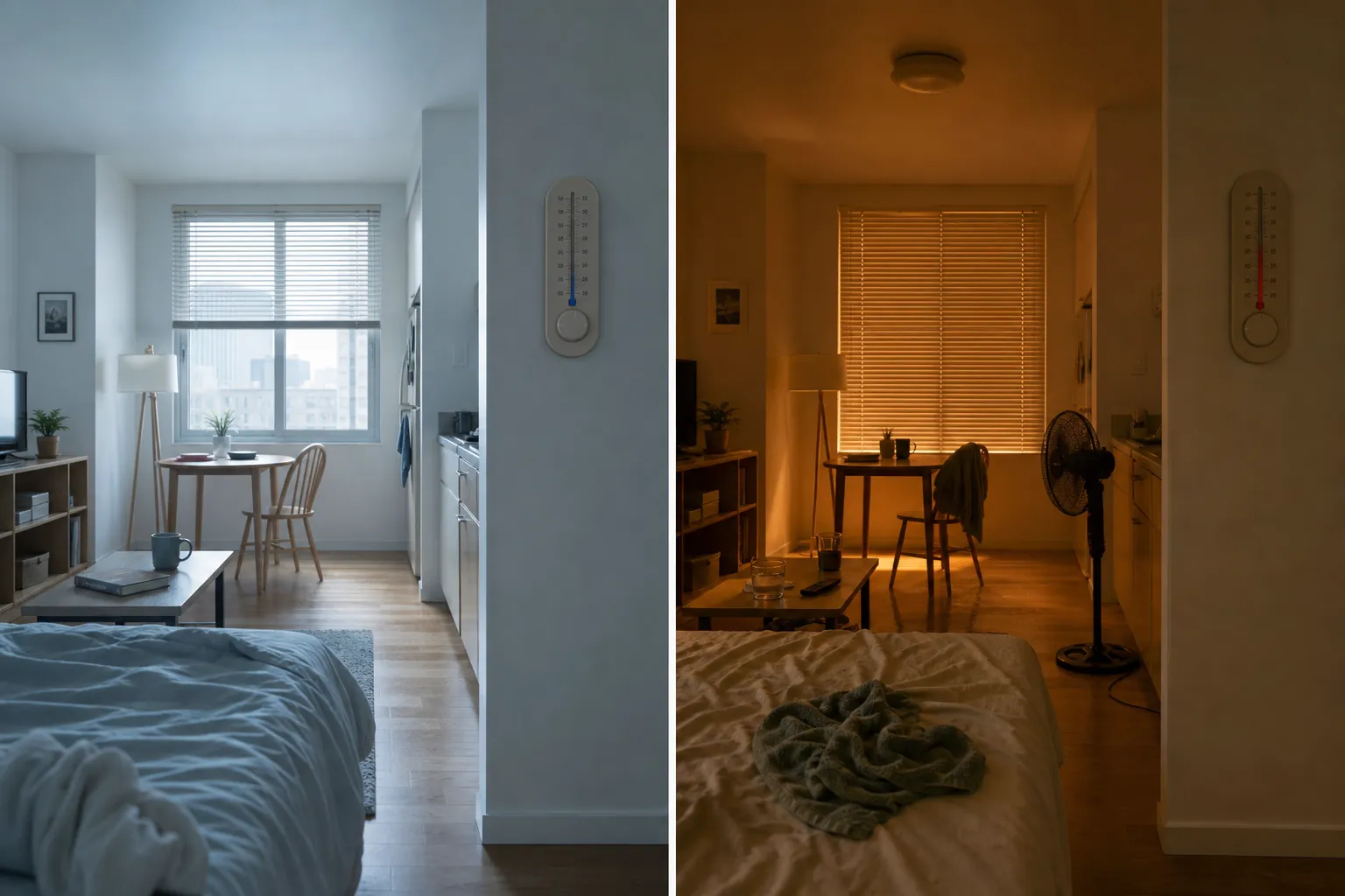 Apartment shown during a cooler morning and hotter midday to illustrate scheduling exercise for the coolest window