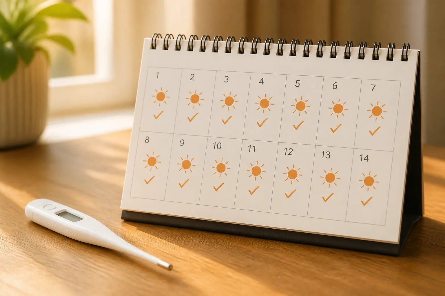 Two-week calendar marked with sun icons beside a thermometer to represent repeated heat exposure