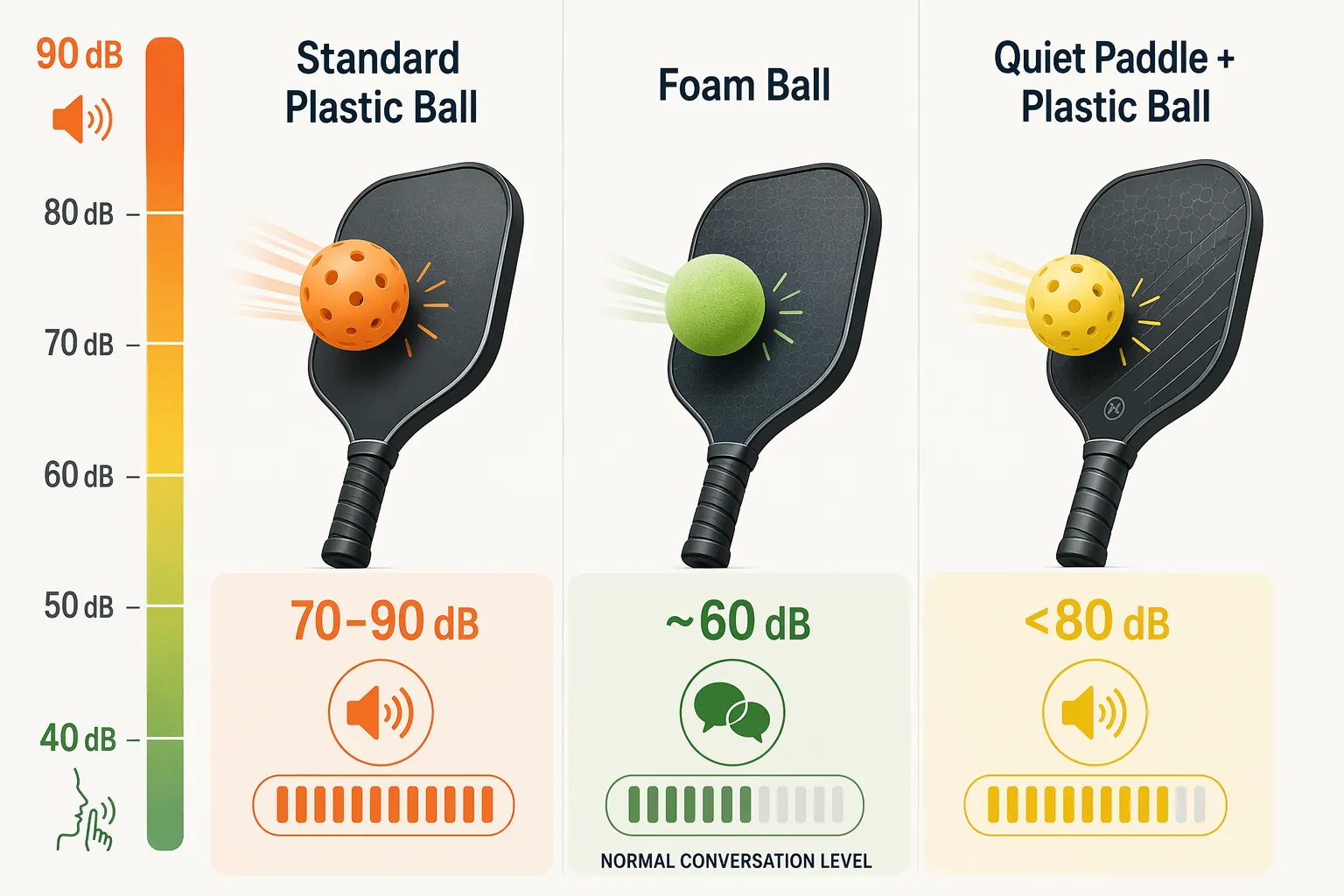 Decibel scale comparing standard pickleball hits, foam ball practice, and quiet paddle contact