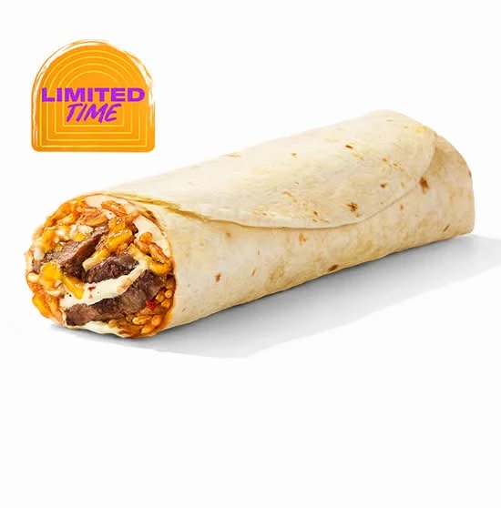 Taco Bell Melty Pepper Jack Steak Burrito cut in half with steak, pepper jack cheese, and fillings inside a flour tortilla