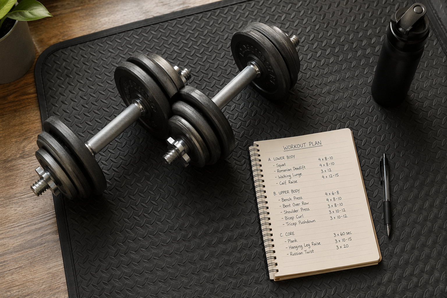 A flat-lay photograph on a rubber mat: adjustable dumbbells set to mid-range weight, an open spiral notebook with a handwritten workout plan, and a pen. Warm neutral lighting, clean composition.
