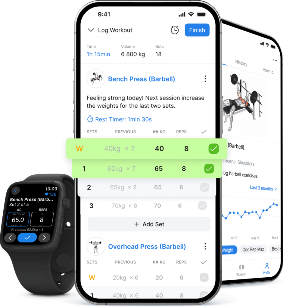 Hevy workout app screen showing exercises, sets, reps, weights, and workout controls