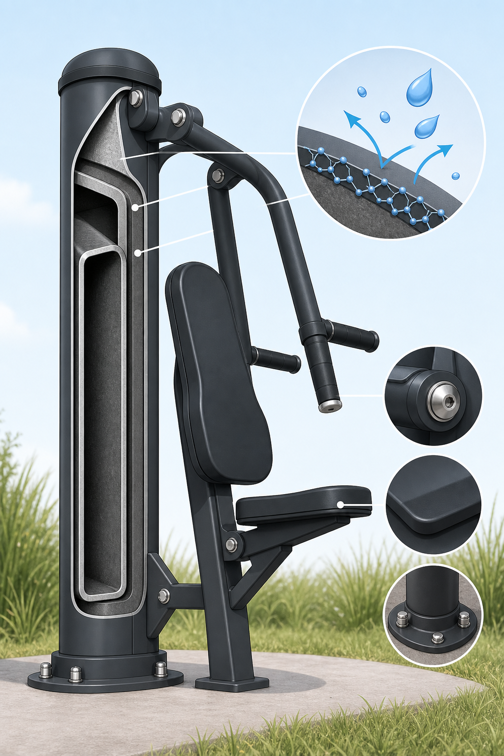 Cross-section cutaway diagram of weatherproof outdoor fitness equipment showing layered steel core, powder coating barrier, marine-grade stainless steel fasteners, and UV-stable HDPE plastic components.