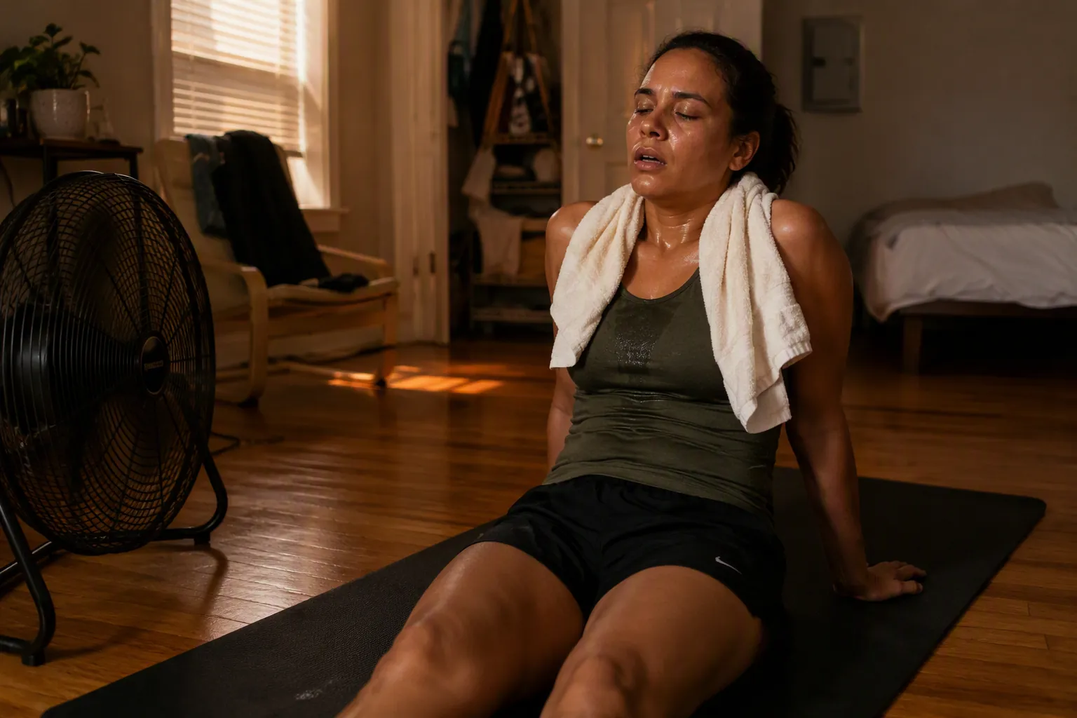 Person overheated after a home workout in a warm apartment with a towel and fan nearby