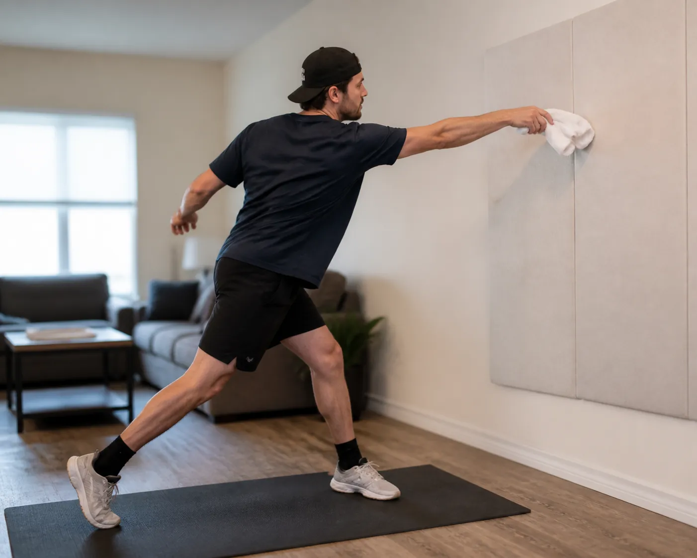 Baseball player performing an indoor towel drill with full extension toward a protected wall and no ball in hand
