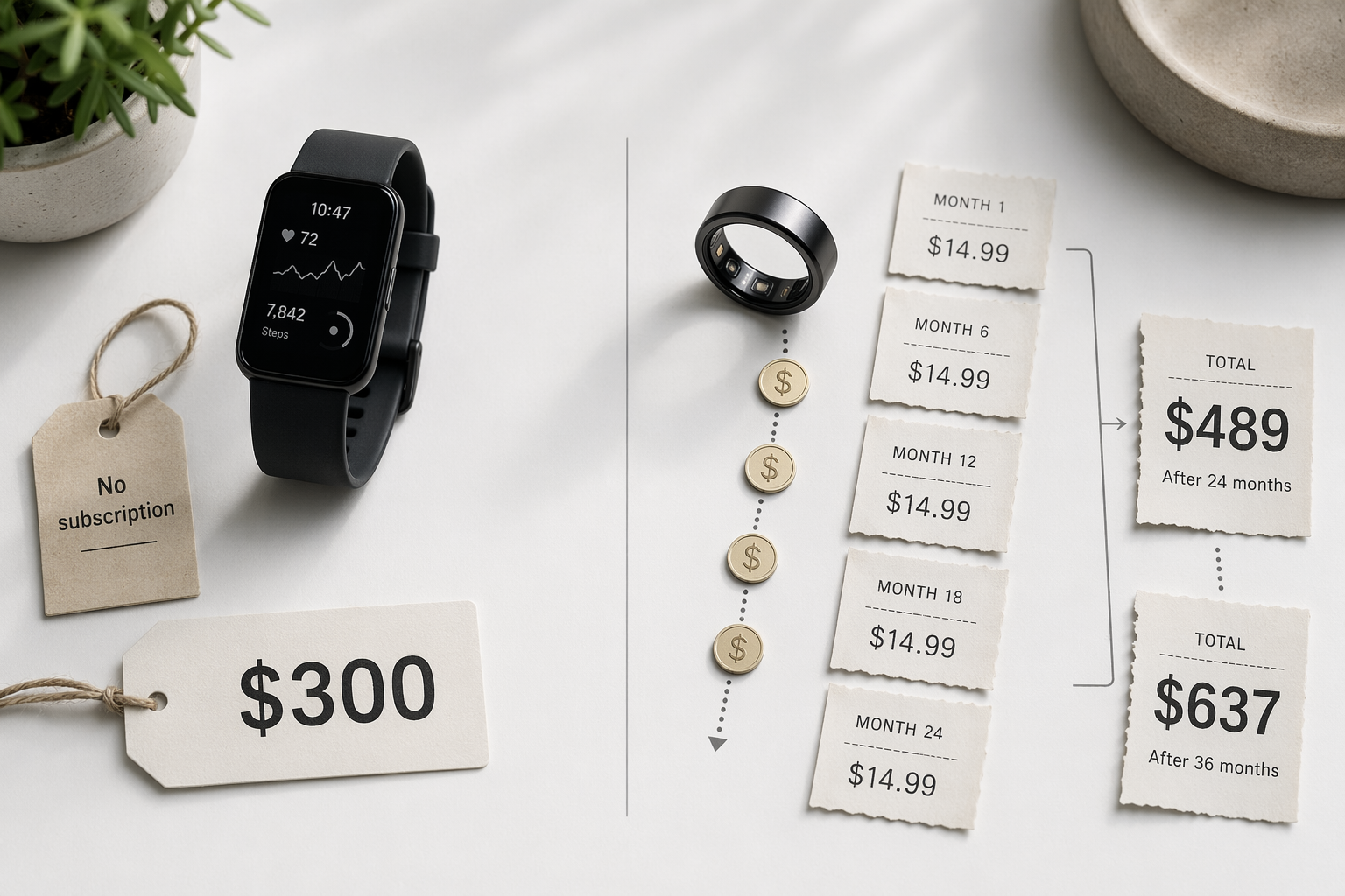Flat-lay comparison of a no-subscription smartwatch and a smart ring with accumulating subscription receipts