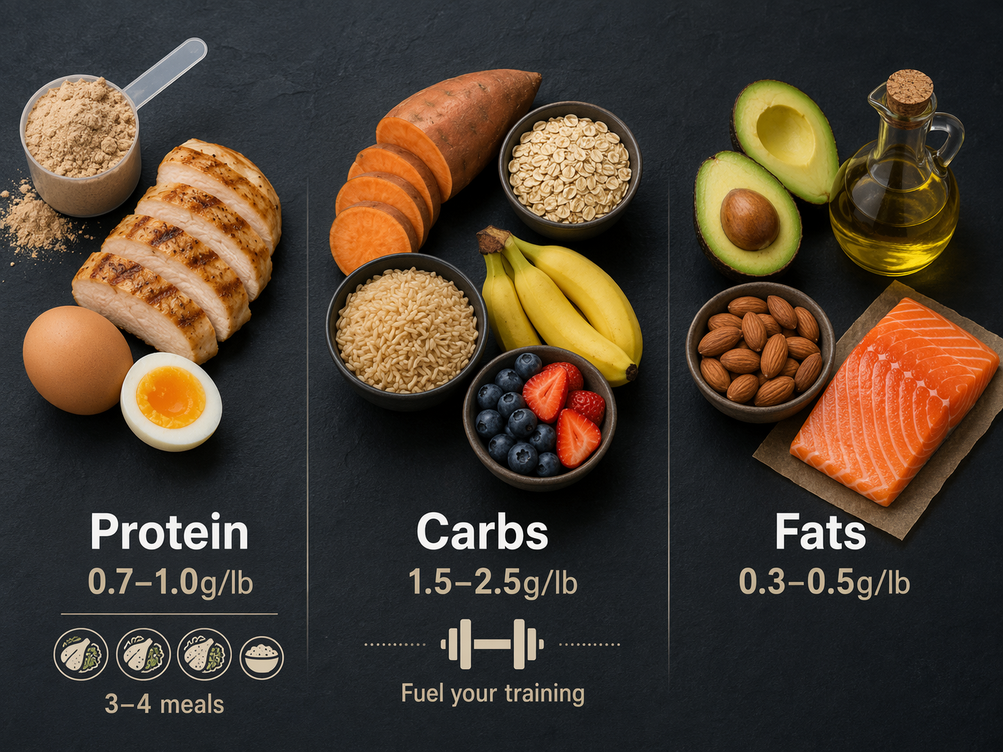 Protein, carbohydrate, and fat foods arranged with macro ranges for home gym athletes