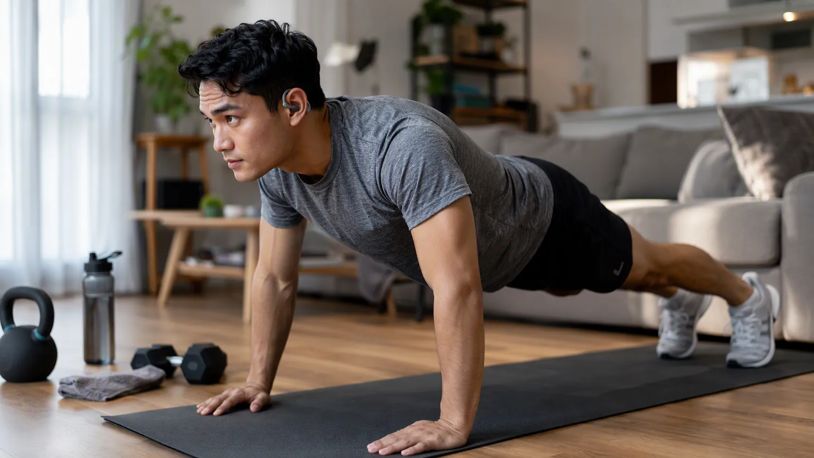 Person holding a plank on a yoga mat in a small apartment while wearing open-ear earbuds