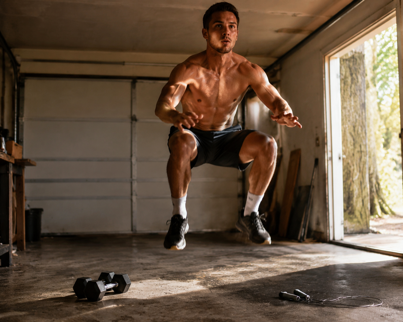 Wiry athlete performing an explosive jump squat in a garage with dumbbells and a jump rope nearby