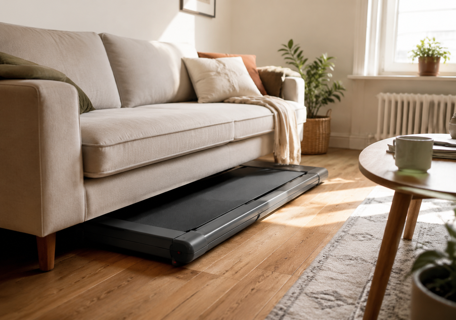 Slim folded walking pad tucked partially under a low-profile sofa in a small apartment with hardwood floors