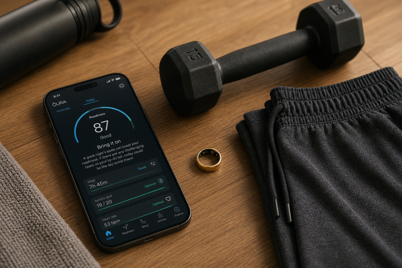 A flat-lay composition on a warm wooden home gym floor featuring a gold Oura Ring 5 next to a black dumbbell, folded charcoal gym shorts, and a smartphone displaying a circular readiness score dashboard, illuminated by soft natural side lighting.