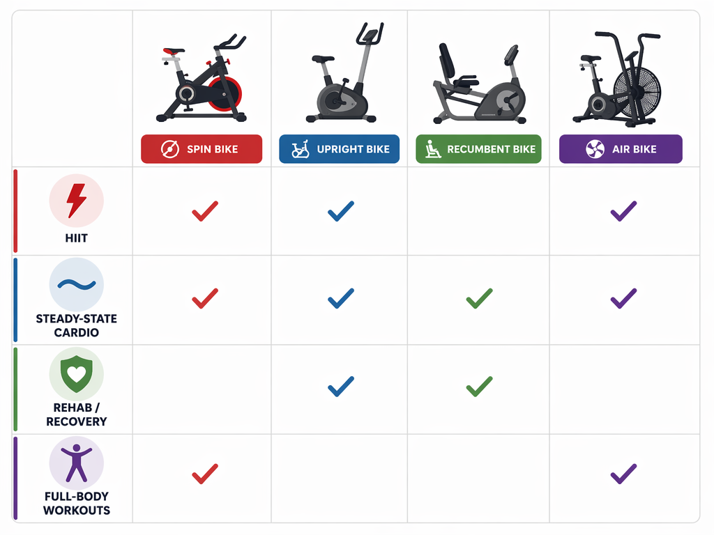 Decision matrix grid matching four exercise bike icons (spin, upright, recumbent, air) against four fitness goal icons (HIIT, steady-state cardio, rehab, full-body) with visual markers showing optimal bike-to-goal matches, rendered as a clean flat illustration.