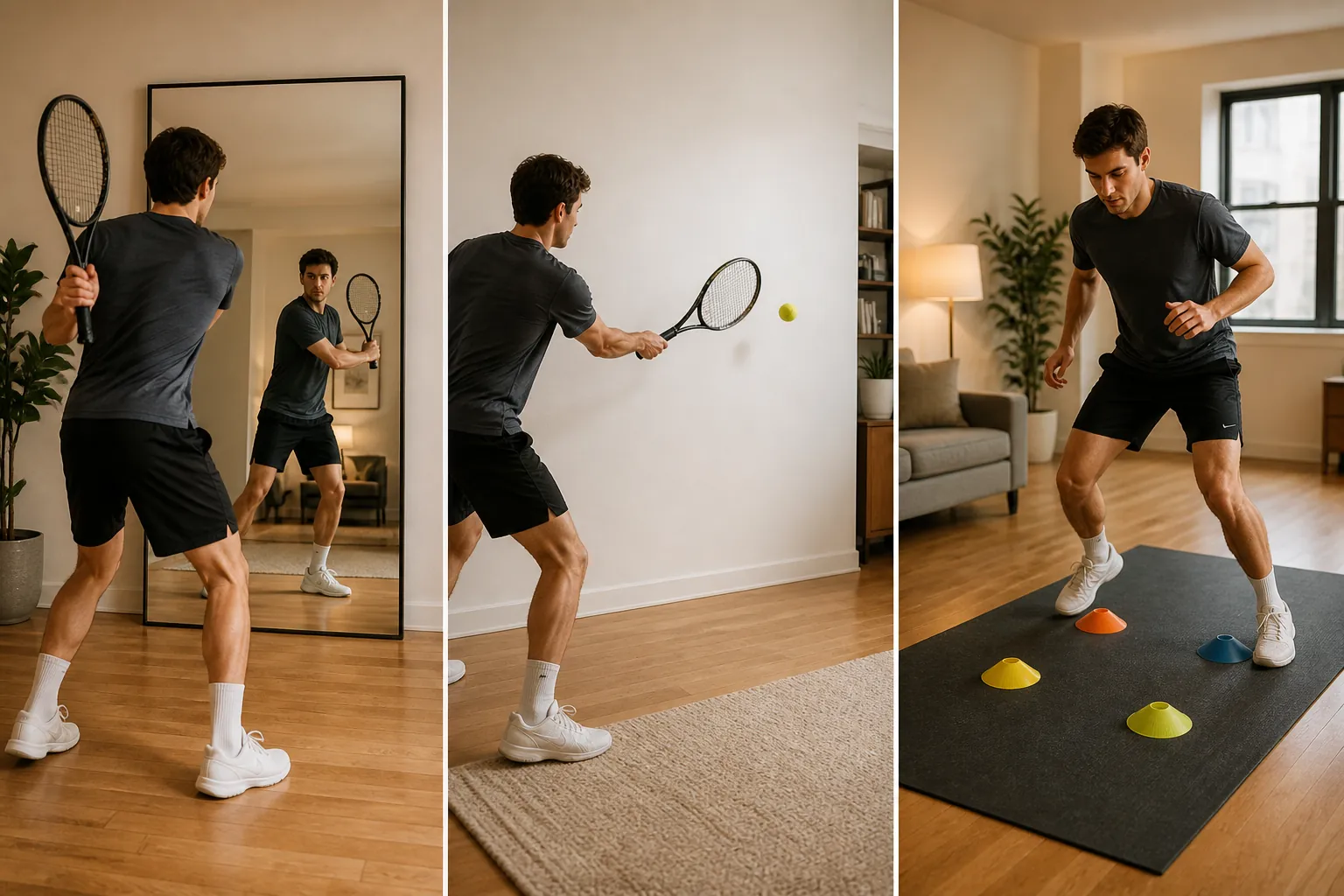 Three-panel view of a quiet at-home tennis session with shadow swings, wall volleys, and marker footwork on a mat