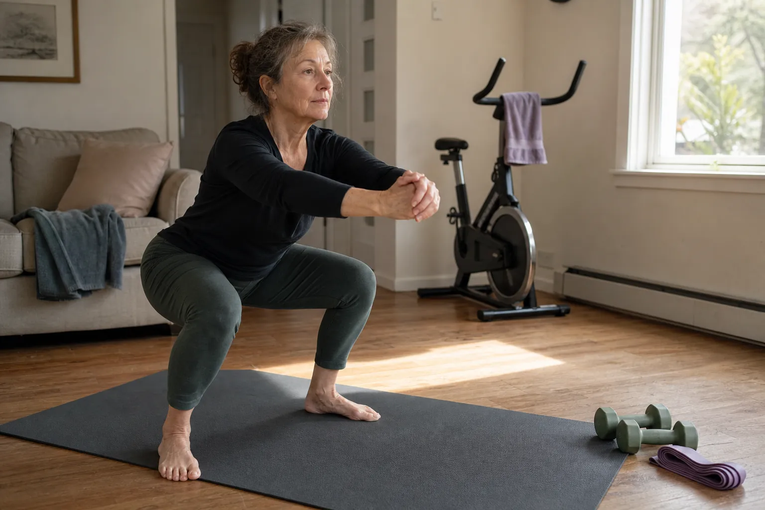 Woman doing a bodyweight squat at home with dumbbells, a resistance band, and a stationary bike nearby