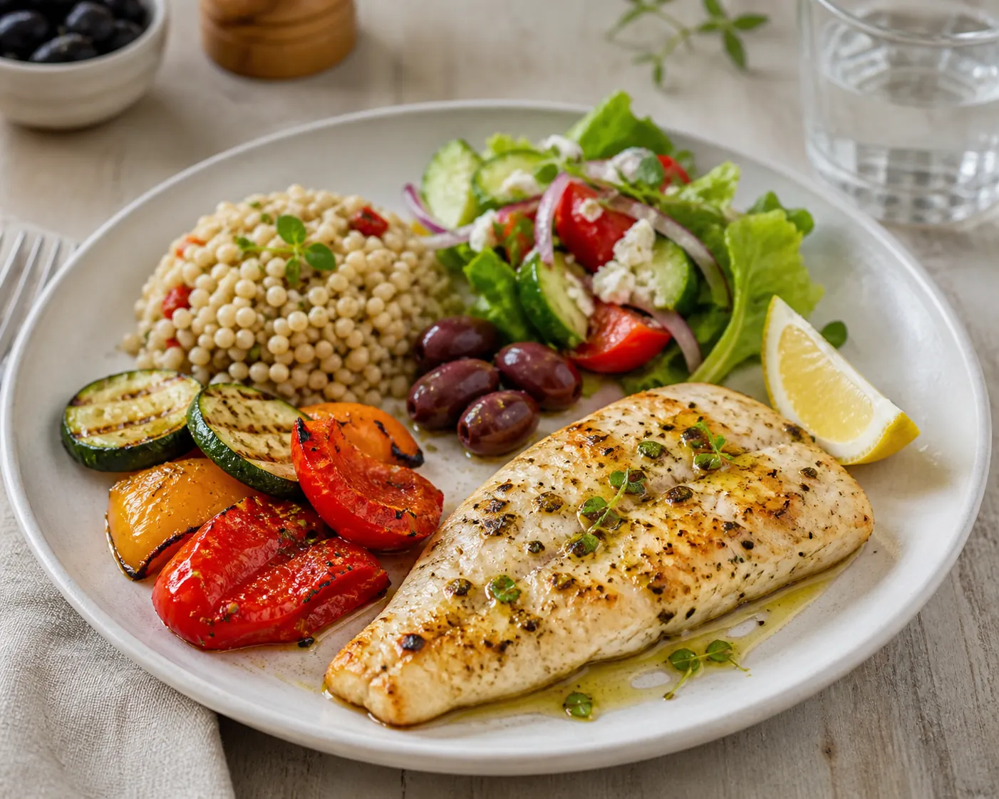 Mediterranean-style dinner plate with grilled fish, roasted vegetables, couscous, olives, salad, lemon, olive oil, and water