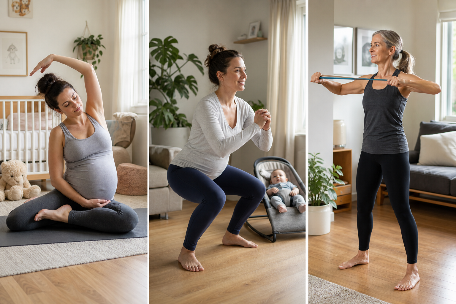Triptych of three women at different life stages exercising at home: a pregnant woman stretching in a bright nursery, a postpartum woman squatting near a baby bouncer, and a woman in her mid-40s doing resistance band exercises.