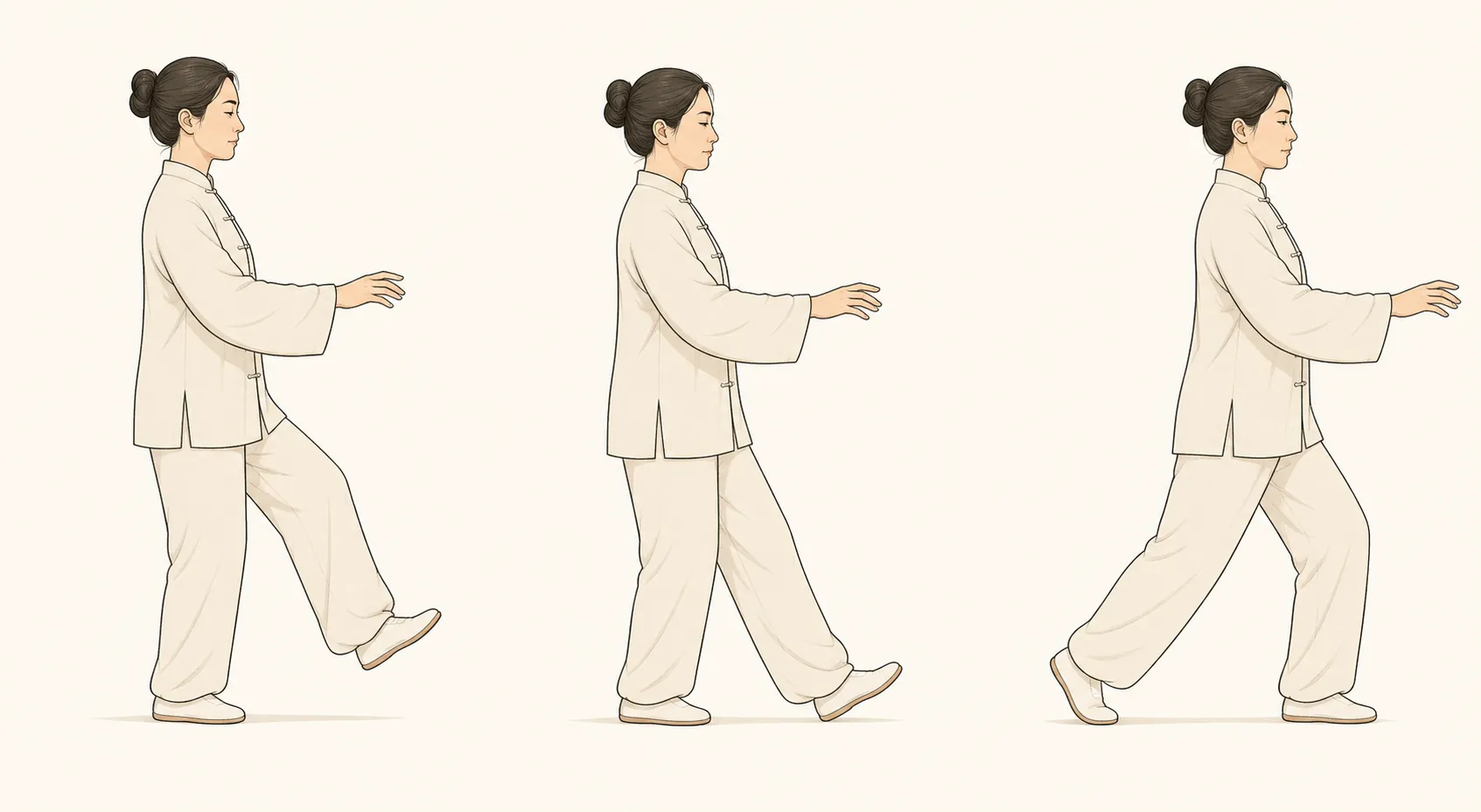 Three-panel illustration of a tai chi walking step from empty foot to heel-first landing to full weight transfer