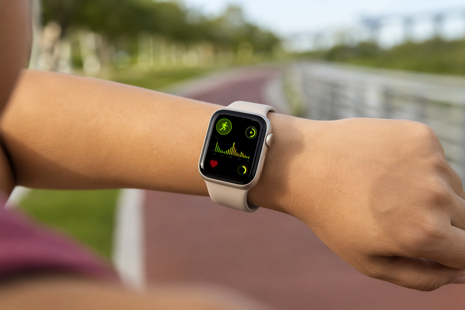 Apple Watch SE on a wrist showing workout metrics during an outdoor fitness session